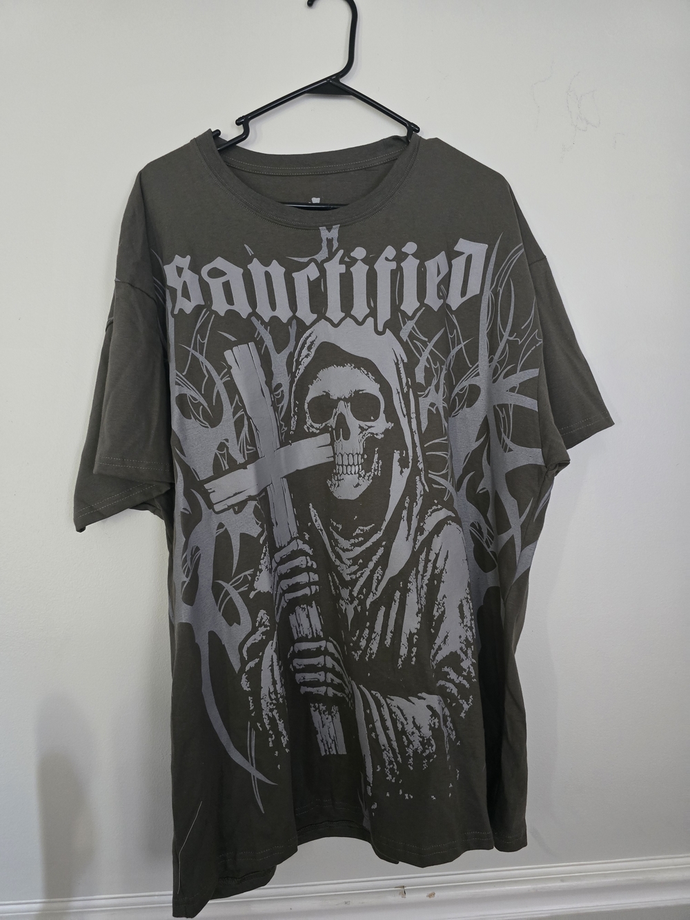 Sanctified Graphic Tee - Olive Green Skull Design